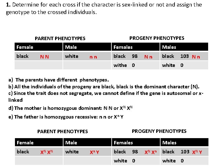 1. Determine for each cross if the character is sex-linked or not and assign