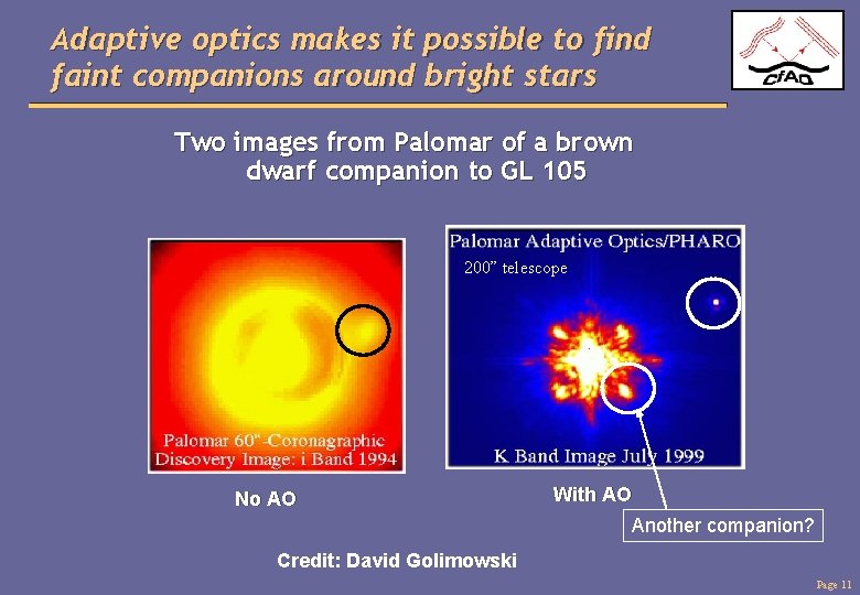 Adaptive optics makes it possible to find faint companions around bright stars Two images