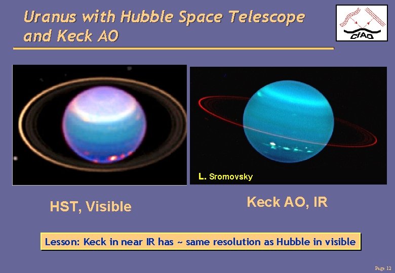 Uranus with Hubble Space Telescope and Keck AO L. Sromovsky HST, Visible Keck AO,