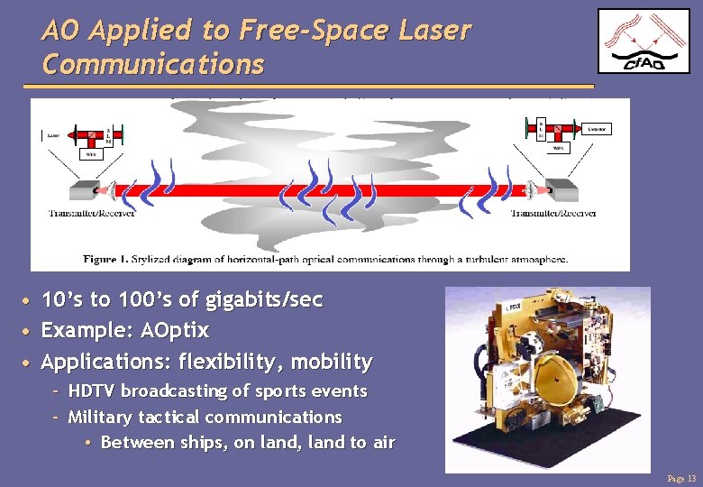 AO Applied to Free-Space Laser Communications • • • 10’s to 100’s of gigabits/sec