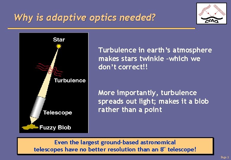 Why is adaptive optics needed? Turbulence in earth’s atmosphere makes stars twinkle –which we