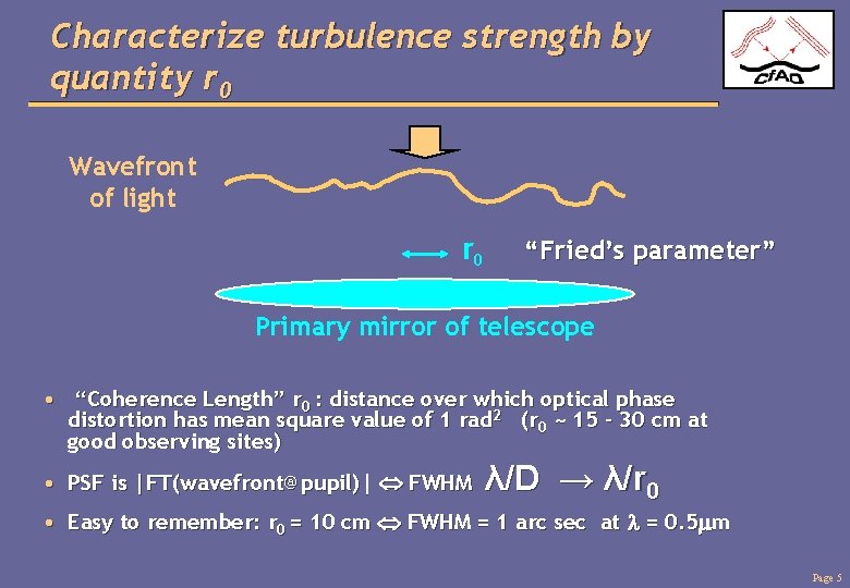 Characterize turbulence strength by quantity r 0 Wavefront of light r 0 “Fried’s parameter”
