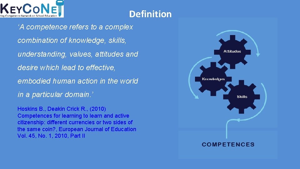Definition ‘A competence refers to a complex combination of knowledge, skills, understanding, values, attitudes