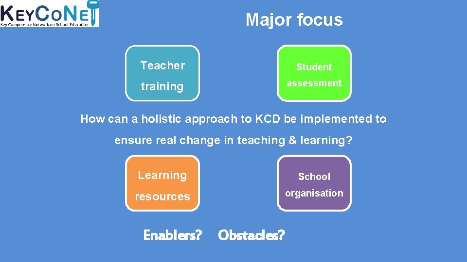 Major focus Teacher Student training assessment How can a holistic approach to KCD be