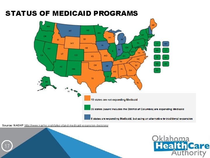 STATUS OF MEDICAID PROGRAMS Source: NASHP http: //www. nashp. org/states-stand-medicaid-expansion-decisions 17 