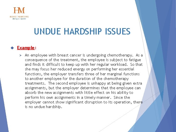 UNDUE HARDSHIP ISSUES Example: Ø An employee with breast cancer is undergoing chemotherapy. As