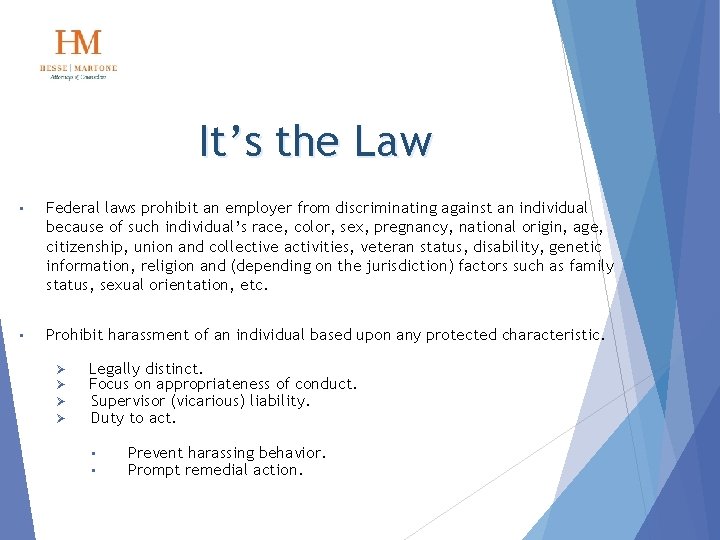 It’s the Law • Federal laws prohibit an employer from discriminating against an individual