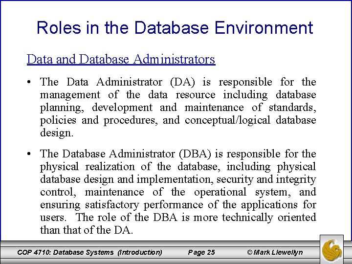 Roles in the Database Environment Data and Database Administrators • The Data Administrator (DA)