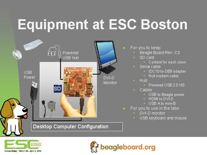 Equipment at ESC Boston n Powered USB hub For you to keep § Beagle