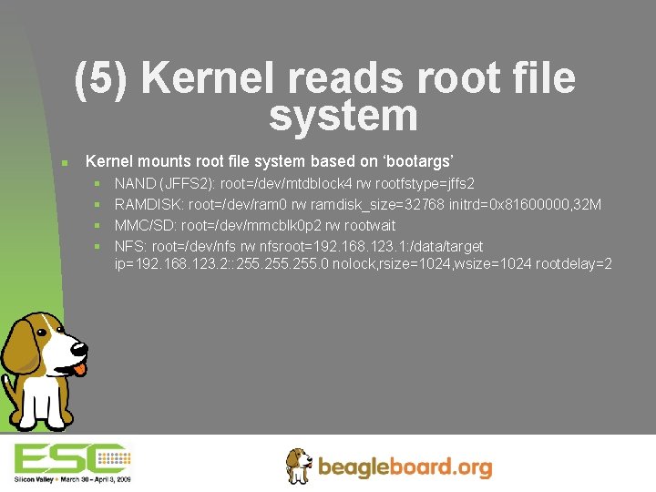 (5) Kernel reads root file system n Kernel mounts root file system based on