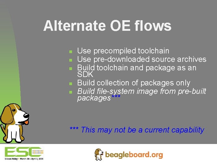 Alternate OE flows n n n Use precompiled toolchain Use pre-downloaded source archives Build