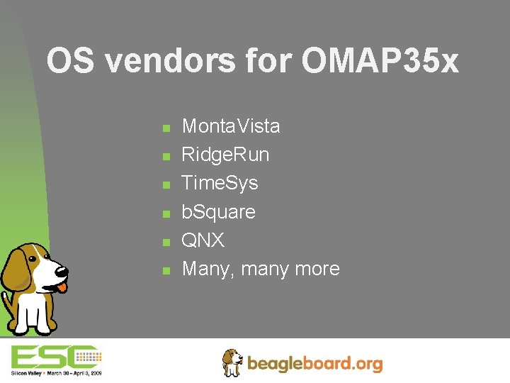 OS vendors for OMAP 35 x n n n Monta. Vista Ridge. Run Time.