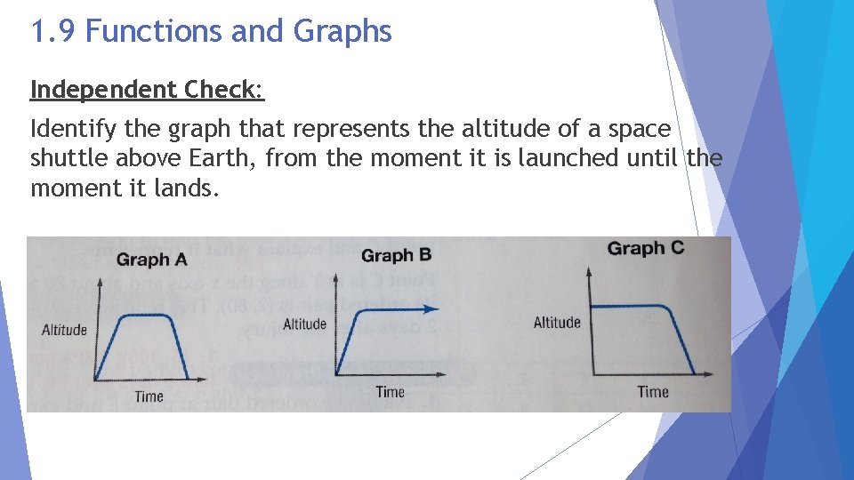 1. 9 Functions and Graphs Independent Check: Identify the graph that represents the altitude