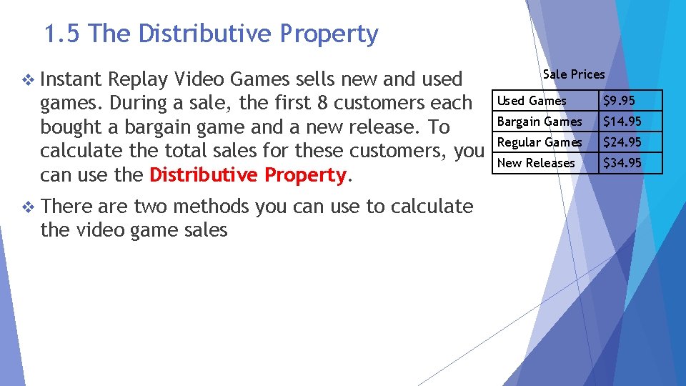 1. 5 The Distributive Property v Instant Replay Video Games sells new and used