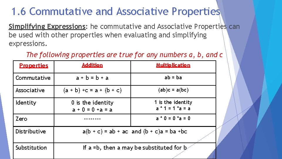 1. 6 Commutative and Associative Properties Simplifying Expressions: he commutative and Associative Properties can