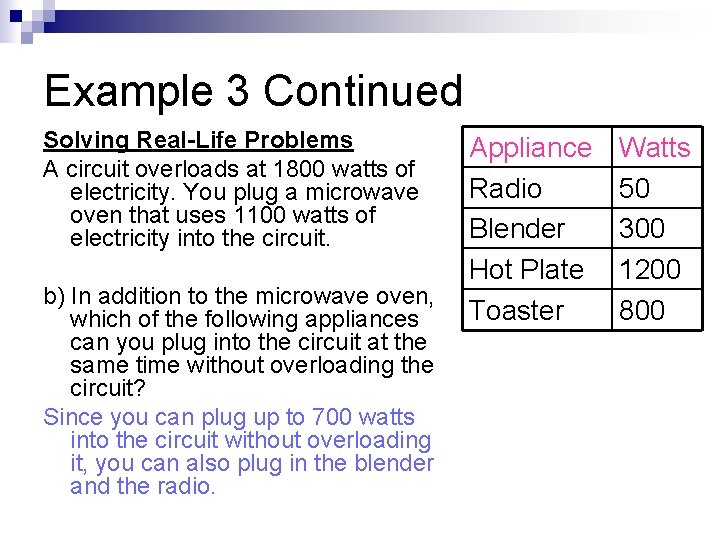 Example 3 Continued Solving Real-Life Problems A circuit overloads at 1800 watts of electricity.
