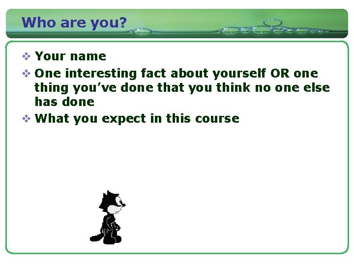 Who are you? v Your name v One interesting fact about yourself OR one