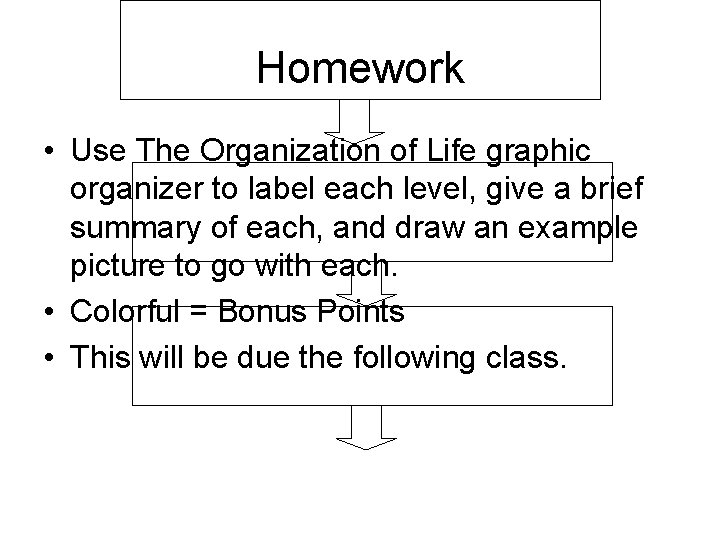 Homework • Use The Organization of Life graphic organizer to label each level, give