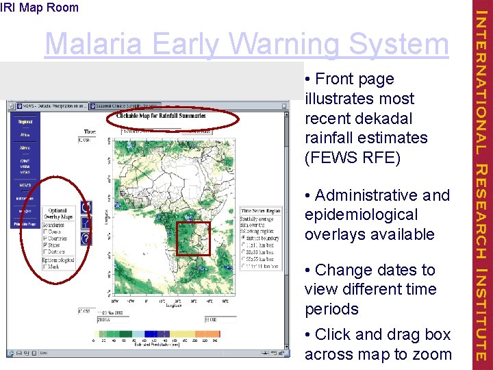 IRI Map Room Malaria Early Warning System • Front page illustrates most recent dekadal
