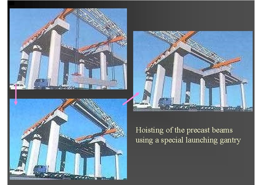 Hoisting of the precast beams using a special launching gantry 