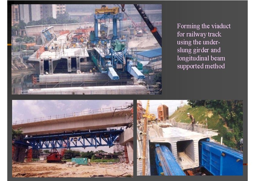 Forming the viaduct for railway track using the underslung girder and longitudinal beam supported
