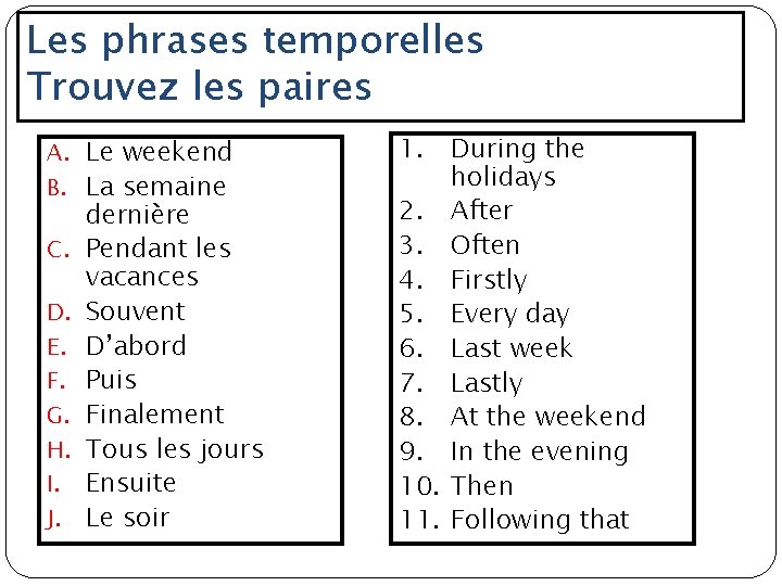 Les phrases temporelles Trouvez les paires A. Le weekend B. La semaine C. D.