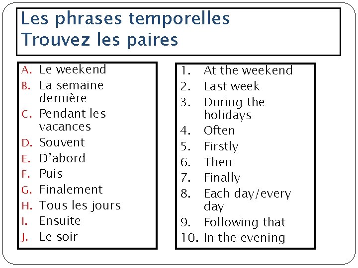 Les phrases temporelles Trouvez les paires A. Le weekend B. La semaine C. D.