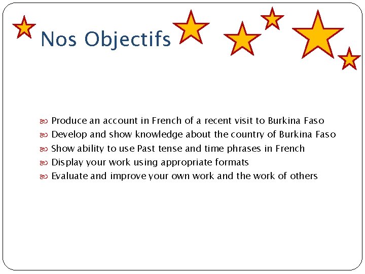 Nos Objectifs Produce an account in French of a recent visit to Burkina Faso