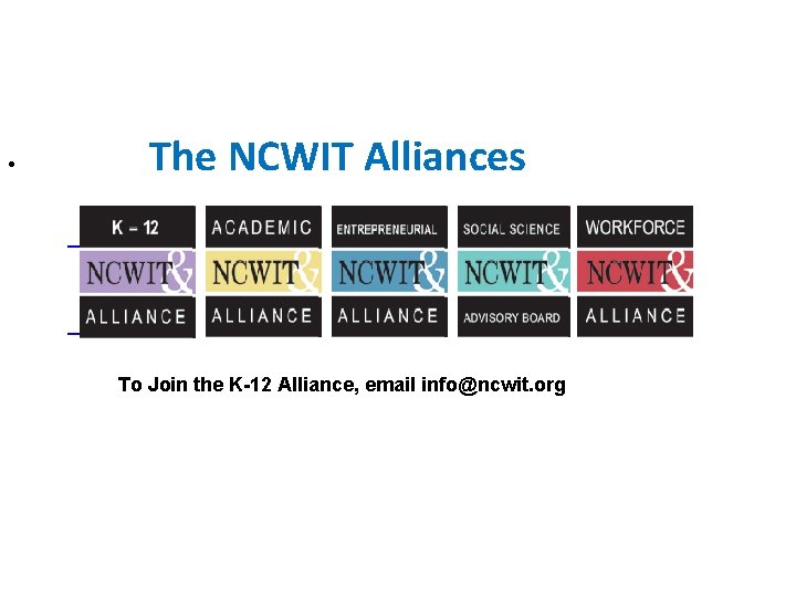 The NCWIT Alliances • To Join the K-12 Alliance, email info@ncwit. org 