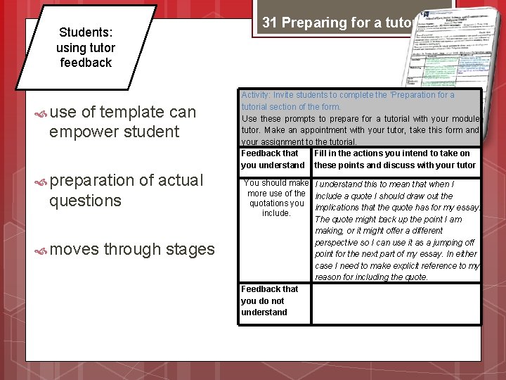 31 Preparing for a tutorial Students: using tutor feedback use of template can empower