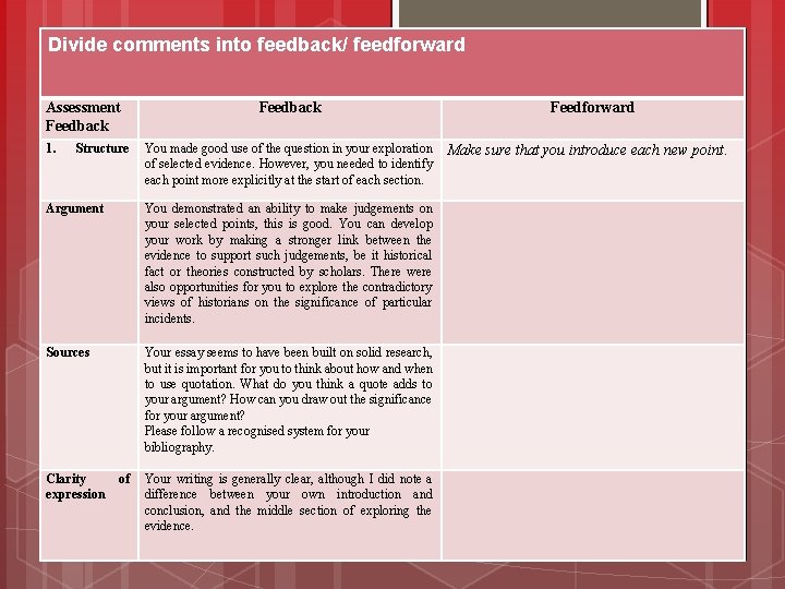 9 Divide comments into feedback/ feedforward Assessment Feedback 1. Structure Feedback You made good