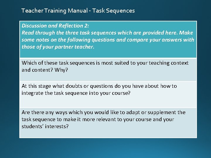 Teacher Training Manual - Task Sequences Discussion and Reflection 2: Read through the three