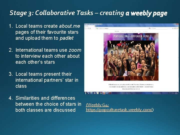 Stage 3: Collaborative Tasks – creating 1. Local teams create about. me pages of