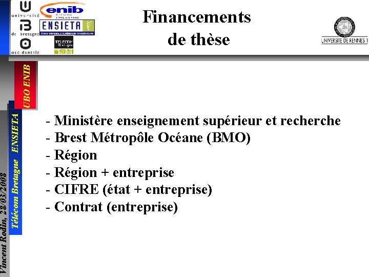 Vincent Rodin, 28/03/2008 Télécom Bretagne ENSIETA UBO ENIB Financements de thèse - Ministère enseignement