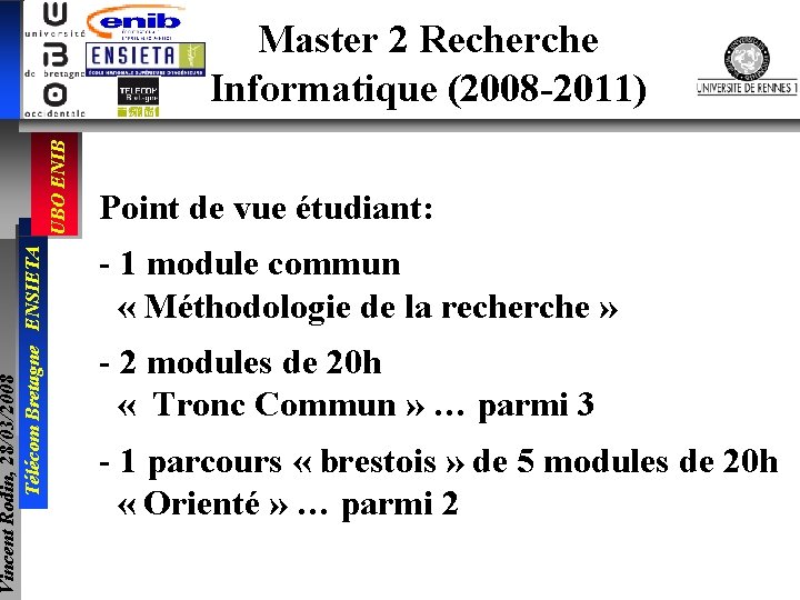 Vincent Rodin, 28/03/2008 Télécom Bretagne ENSIETA UBO ENIB Master 2 Recherche Informatique (2008 -2011)
