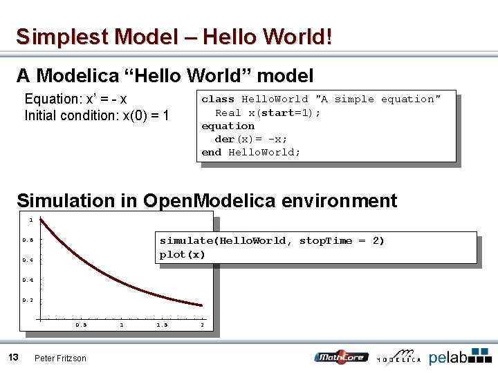 Simplest Model – Hello World! A Modelica “Hello World” model Equation: x’ = -