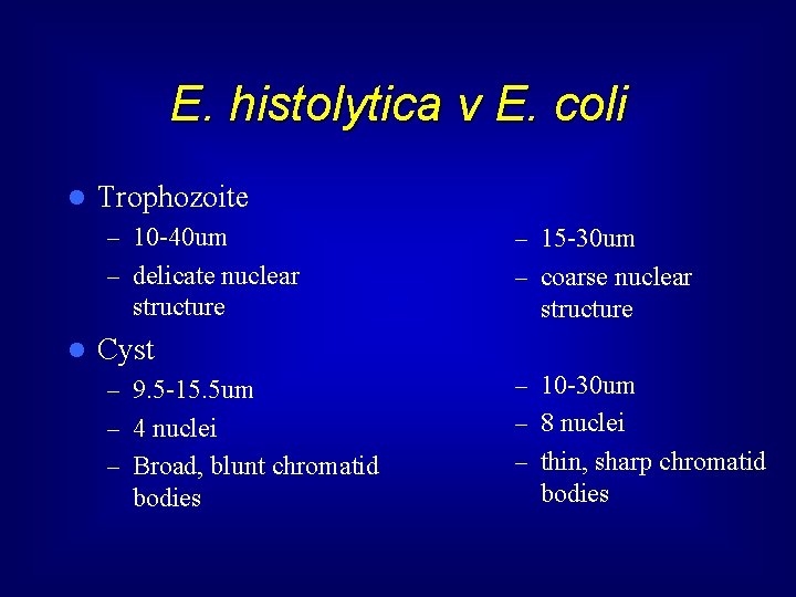E. histolytica v E. coli l Trophozoite – 10 -40 um – 15 -30
