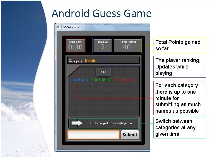 Android Guess Game Total Points gained so far The player ranking, Updates while playing
