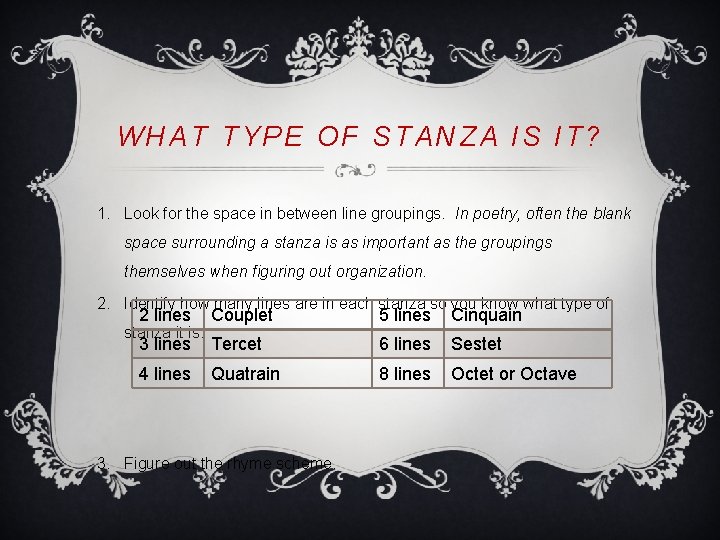 WHAT TYPE OF STANZA IS IT? 1. Look for the space in between line