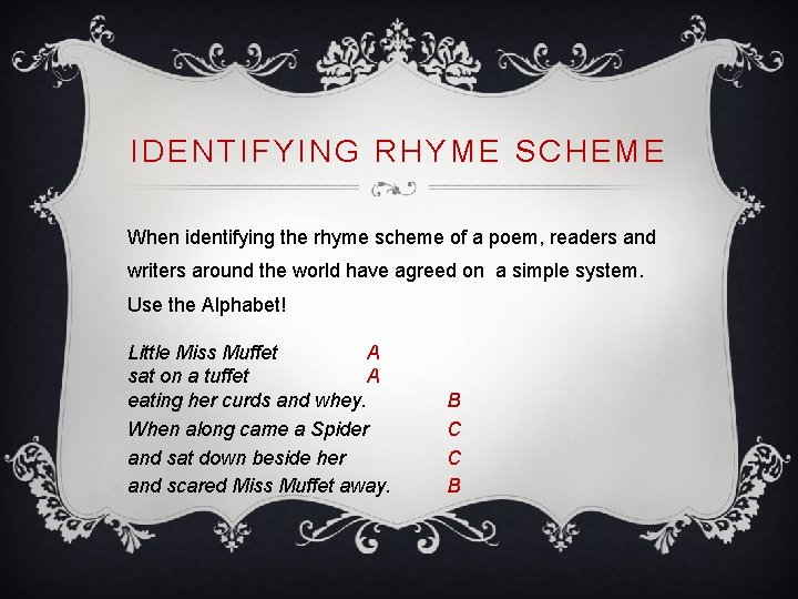 IDENTIFYING RHYME SCHEME When identifying the rhyme scheme of a poem, readers and writers