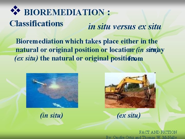 v BIOREMEDIATION : Classifications in situ versus ex situ Bioremediation which takes place either