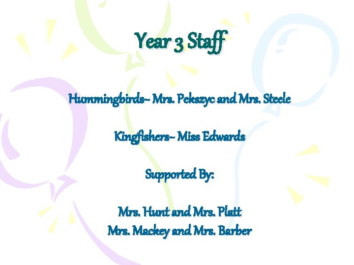 Year 3 Staff Hummingbirds~ Mrs. Pekszyc and Mrs. Steele Kingfishers~ Miss Edwards Supported By: