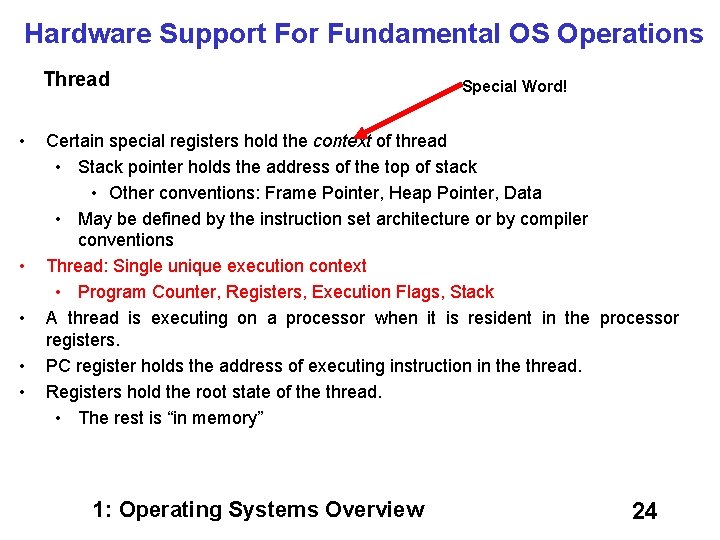 Hardware Support For Fundamental OS Operations Thread • • • Special Word! Certain special