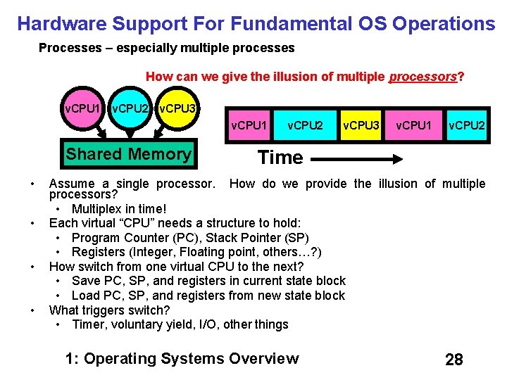 Hardware Support For Fundamental OS Operations Processes – especially multiple processes How can we