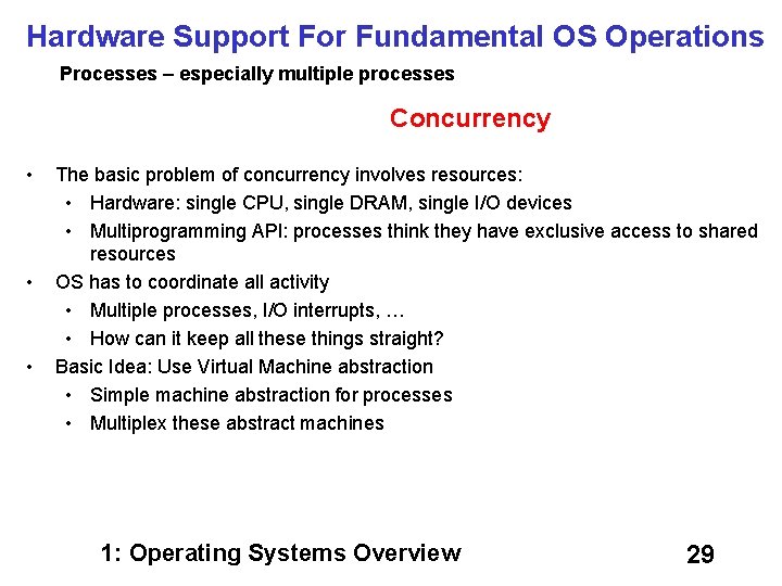 Hardware Support For Fundamental OS Operations Processes – especially multiple processes Concurrency • •