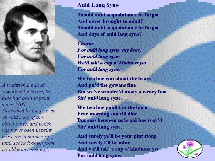 Auld Lang Syne Should acquaintance be forgot And never brought to mind? Should acquaintance