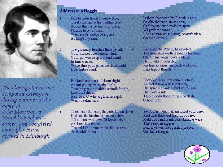Address to a Haggis The closing stanza was composed extempore during a dinner at