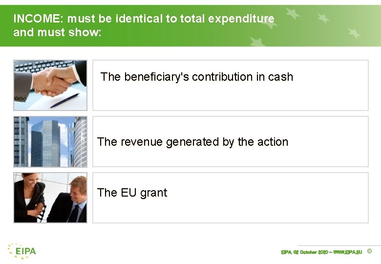 INCOME: must be identical to total expenditure and must show: The beneficiary's contribution in