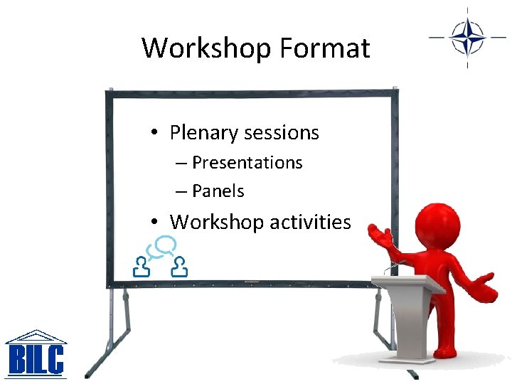 Workshop Format • Plenary sessions – Presentations – Panels • Workshop activities 