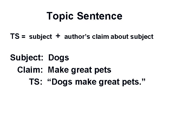 Topic Sentence TS = subject + author’s claim about subject Subject: Dogs Claim: Make
